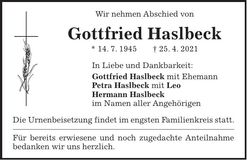 Traueranzeige Gottfried Haslbeck