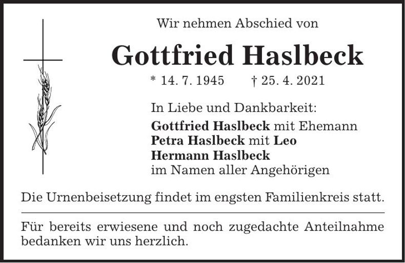 Traueranzeige Gottfried Haslbeck