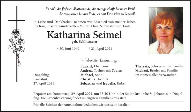 Traueranzeige Katharina Seimel