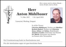 Traueranzeige Anton Mühlbauer