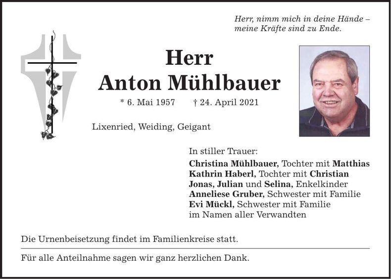 Traueranzeige Anton Mühlbauer