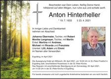 Traueranzeige Anton Hinterheller