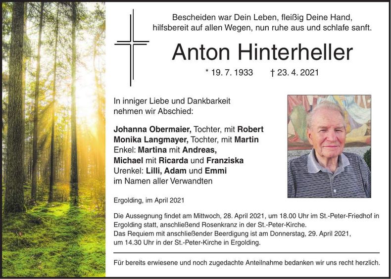 Traueranzeige Anton Hinterheller