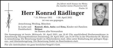 Traueranzeige Konrad Rädlinger
