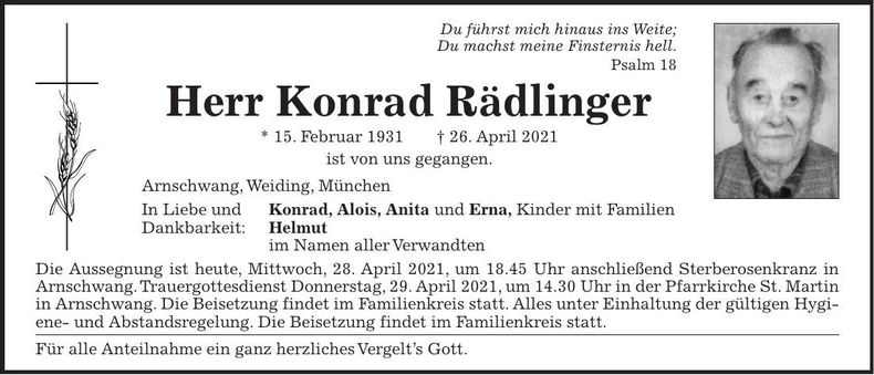 Traueranzeige Konrad Rädlinger