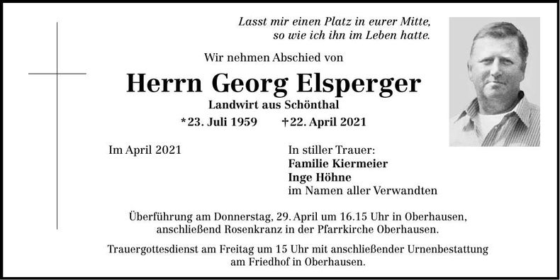 Traueranzeige Georg Elspeger