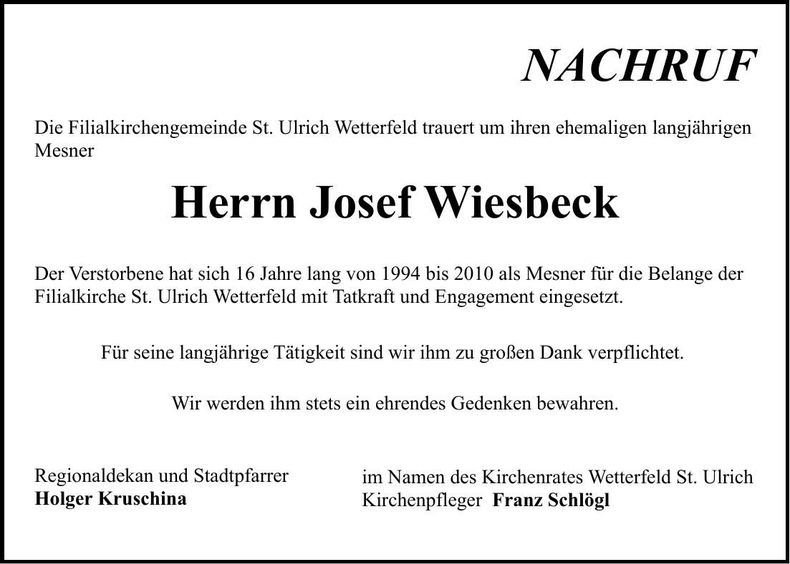 Traueranzeige Josef Wiesbeck