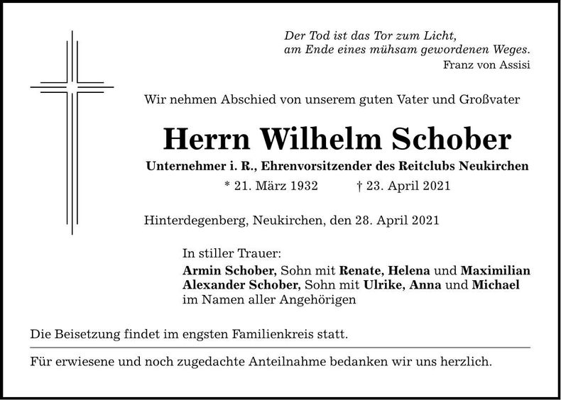 Traueranzeige Willi Schober