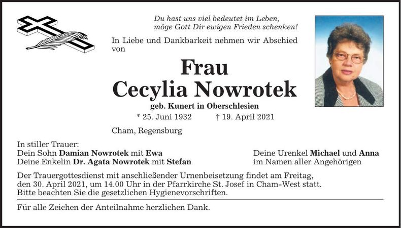 Traueranzeige Cecylia Nowrotek