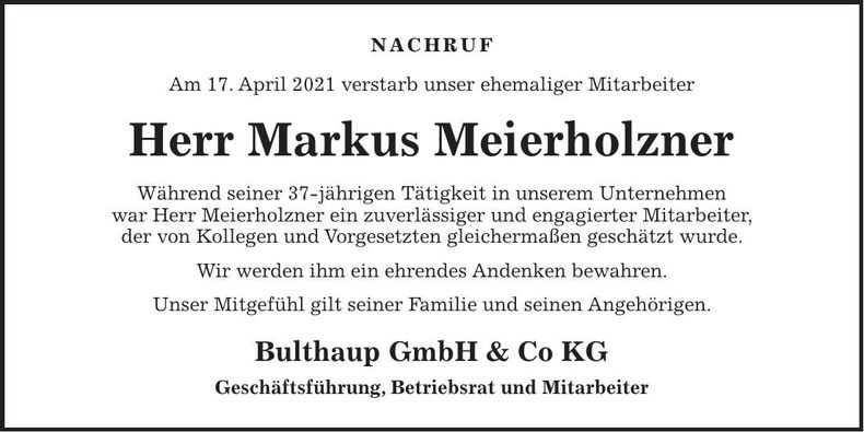 Traueranzeige Markus Maierholzner
