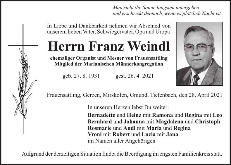Traueranzeige Franz Weindl