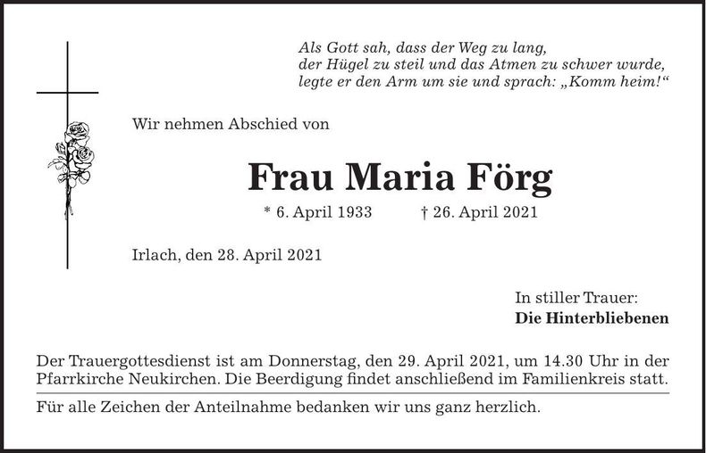 Traueranzeige Maria Förg