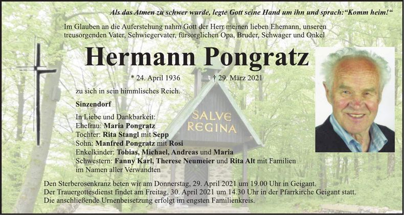 Traueranzeige Hermann Pongratz