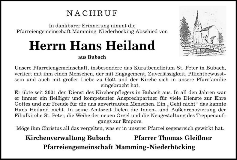 Traueranzeige Hans Heiland