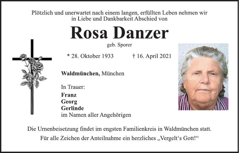 Traueranzeige Rosa Danzer