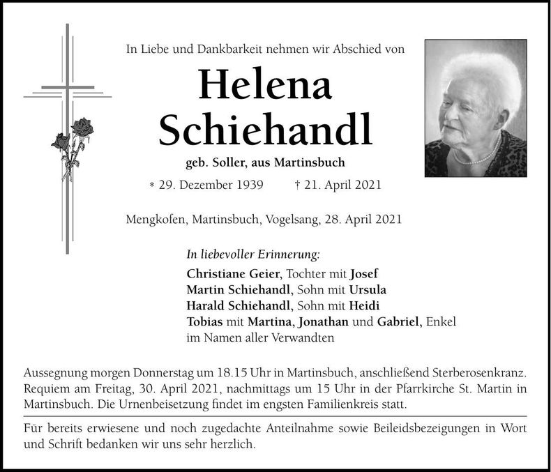 Traueranzeige Helena Schiehandl