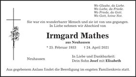 Traueranzeige Irmgard Mathes