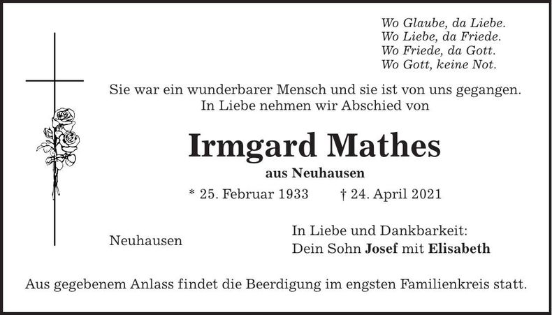 Traueranzeige Irmgard Mathes