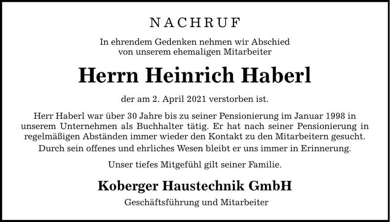 Traueranzeige Heinrich Haberl