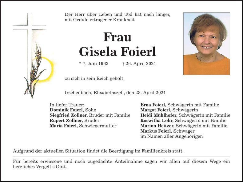 Traueranzeige Gisela Foierl