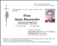 Traueranzeige Anna Haseneder
