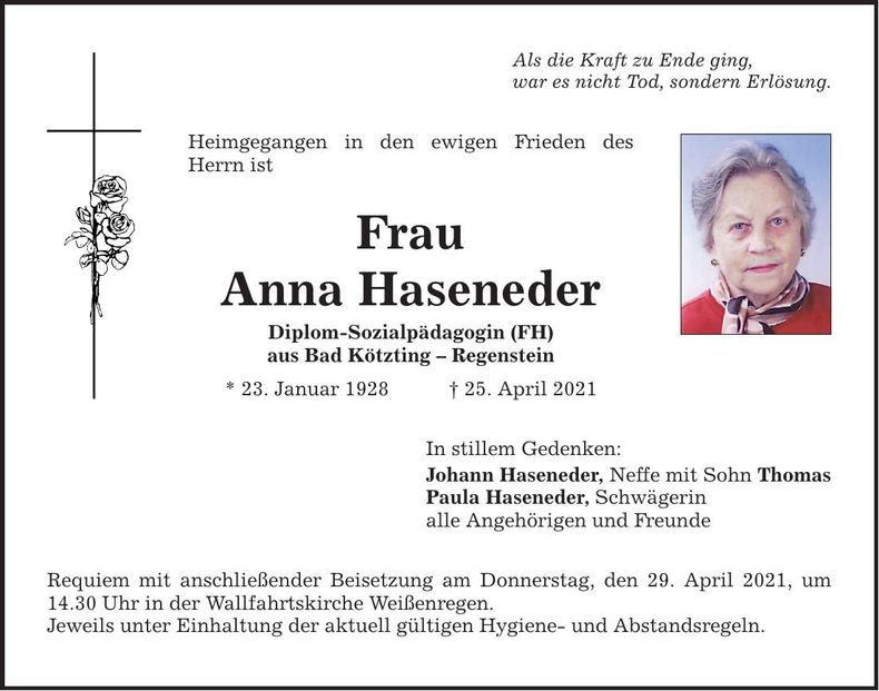 Traueranzeige Anna Haseneder