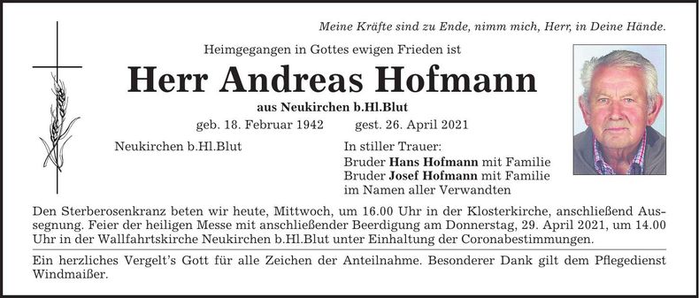 Traueranzeige Andreas Hofmann