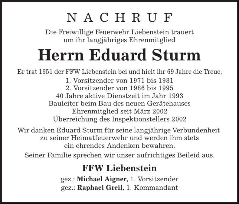 Traueranzeige Eduard Sturm