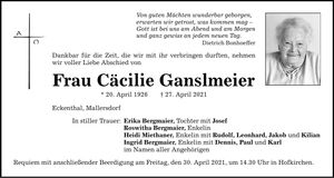 Traueranzeige Cäcilie Ganslmeier