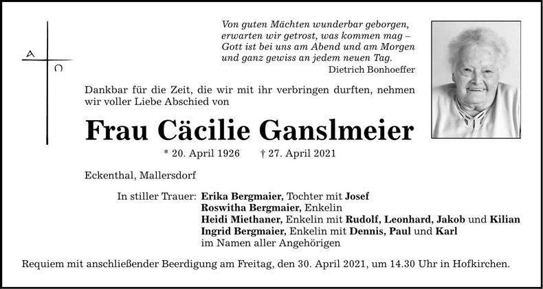 Traueranzeige Cäcilie Ganslmeier