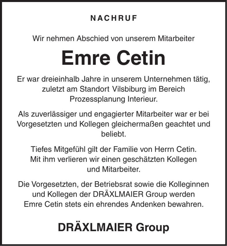 Traueranzeige Emre Cetin