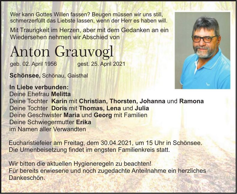 Traueranzeige Anton Grauvogl