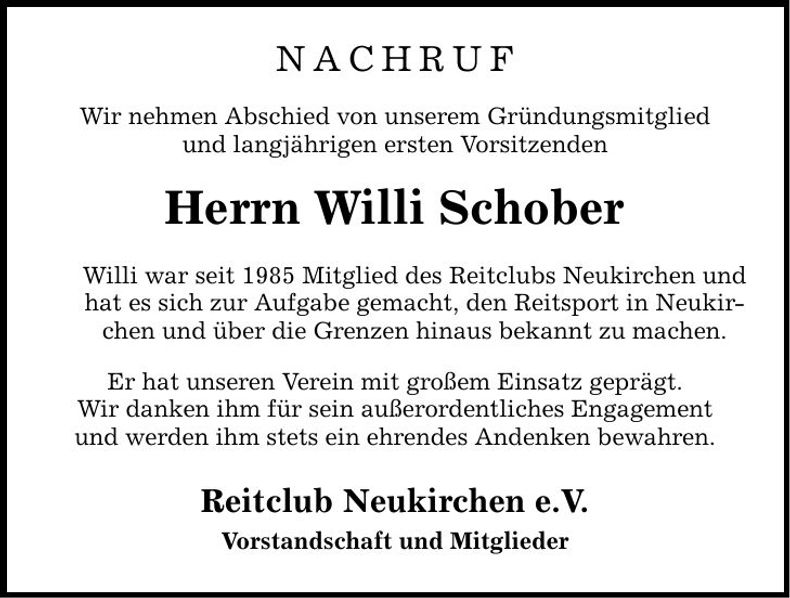 Traueranzeige Willi Schober