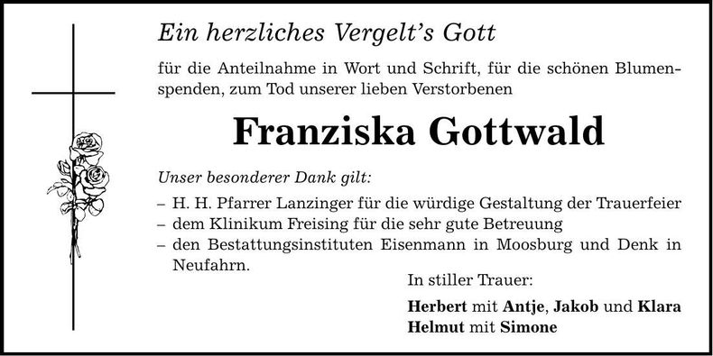 Traueranzeige Franziska Gottwald