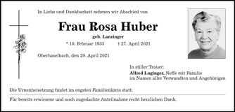 Traueranzeige Rosa Huber