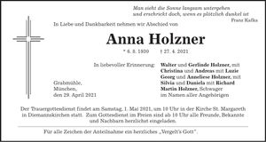 Traueranzeige Anna Holzner