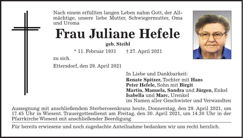 Traueranzeige Juliane Hefele