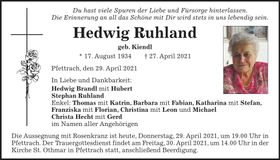 Traueranzeige Hedwig Ruhland