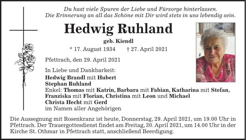 Traueranzeige Hedwig Ruhland