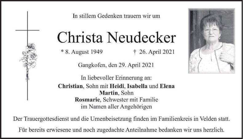 Traueranzeige Christa Neudecker