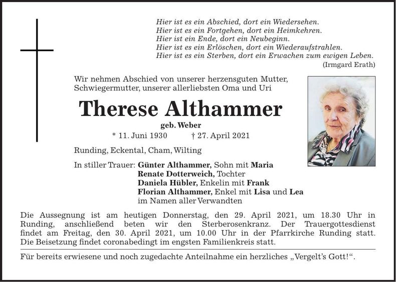 Traueranzeige Therese Althammer