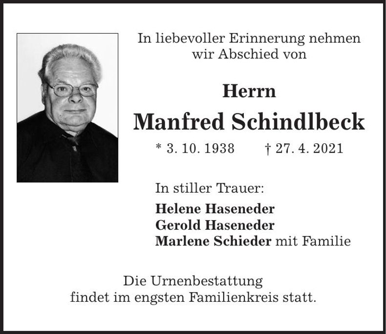 Traueranzeige Manfred Schindlbeck