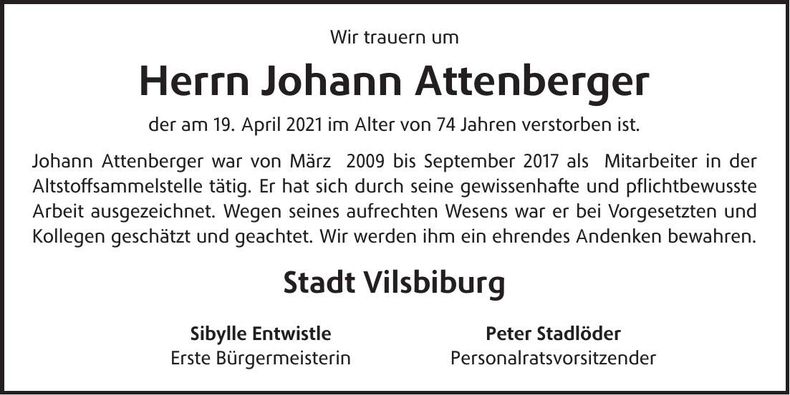Traueranzeige Johann Attenberger