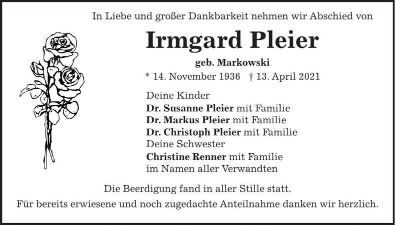 Traueranzeige Irmgard Pleier