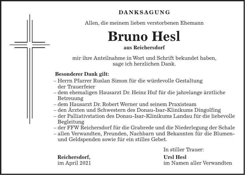 Traueranzeige Bruno Hesl