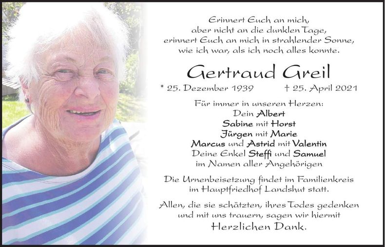 Traueranzeige Gertraud Greil