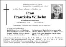 Traueranzeige Franziska Wilhelm