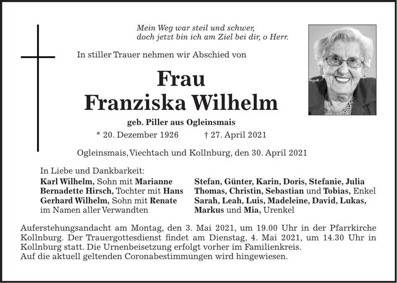Traueranzeige Franziska Wilhelm