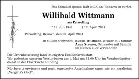 Traueranzeige Willibald Wittmann