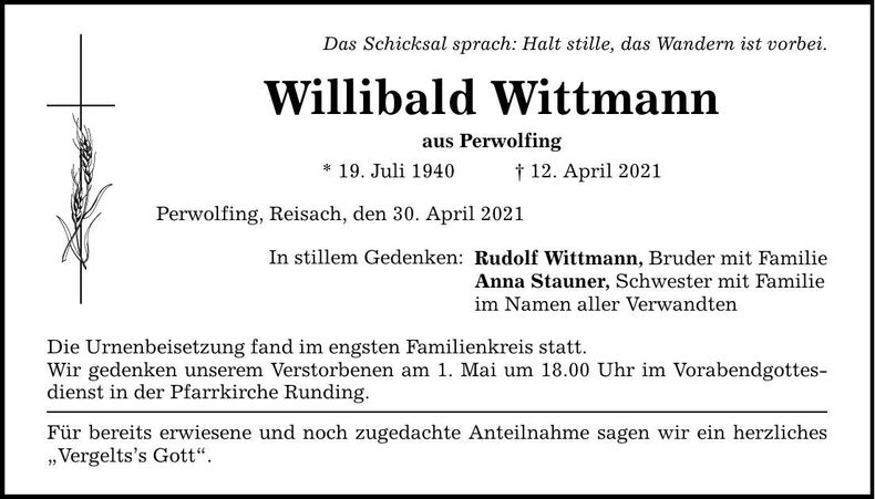 Traueranzeige Willibald Wittmann